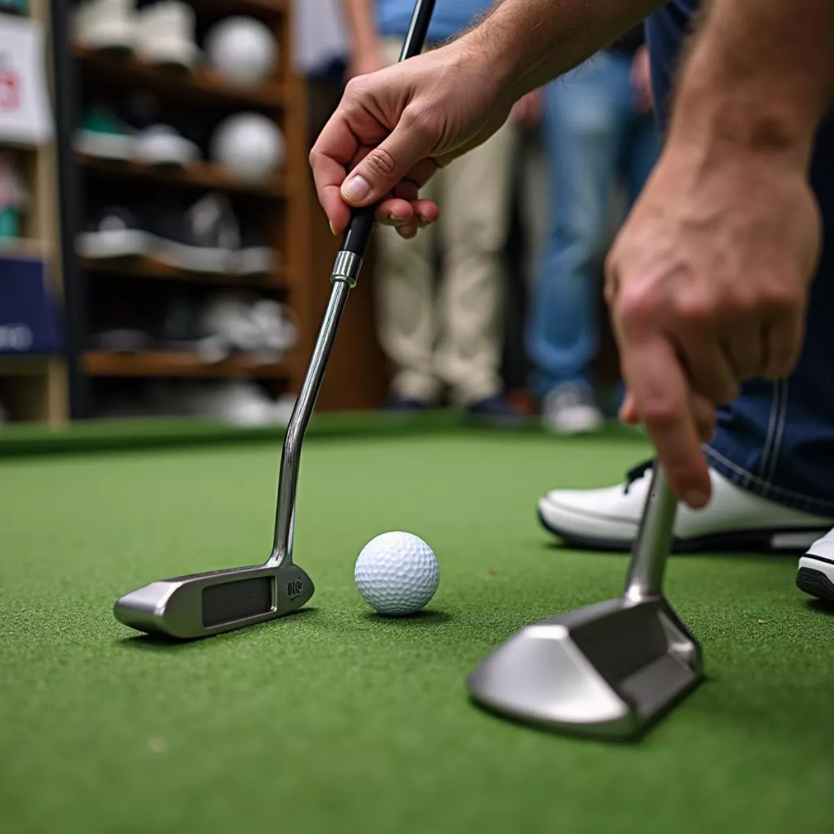 Golfer Testing Putters In A Shop 