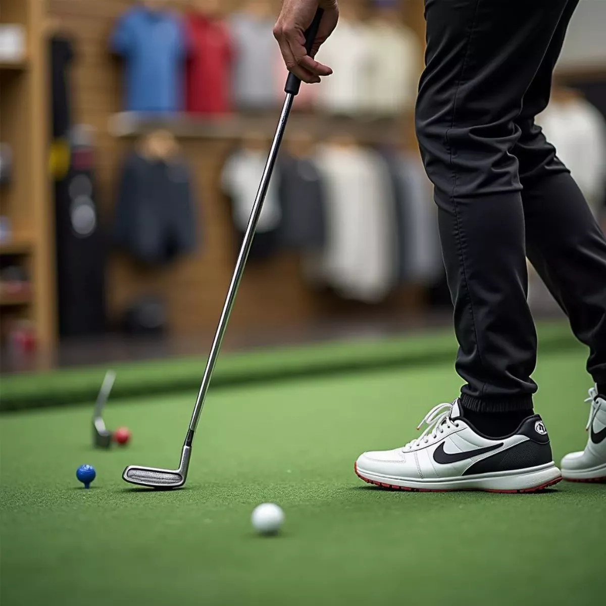 Golfer Testing Putters In A Pro Shop