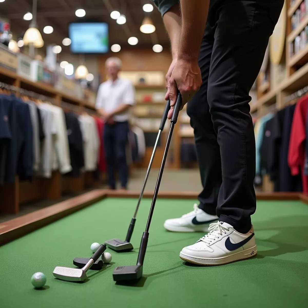 Golfer Testing Putters In A Shop