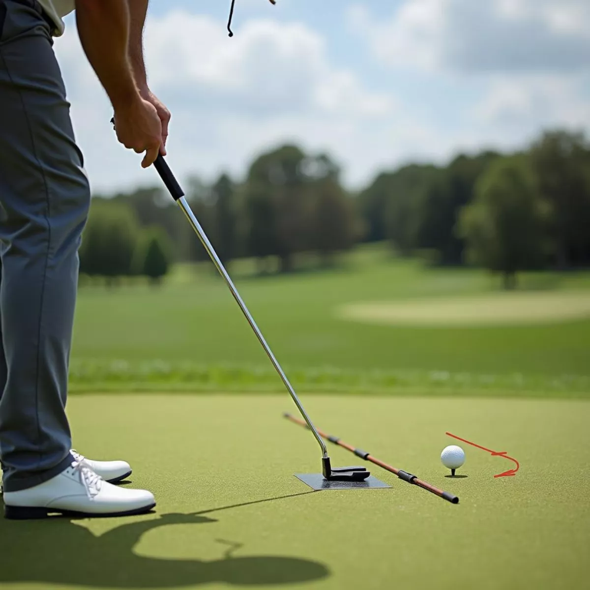 Golfer Using Alignment Sticks For Practice