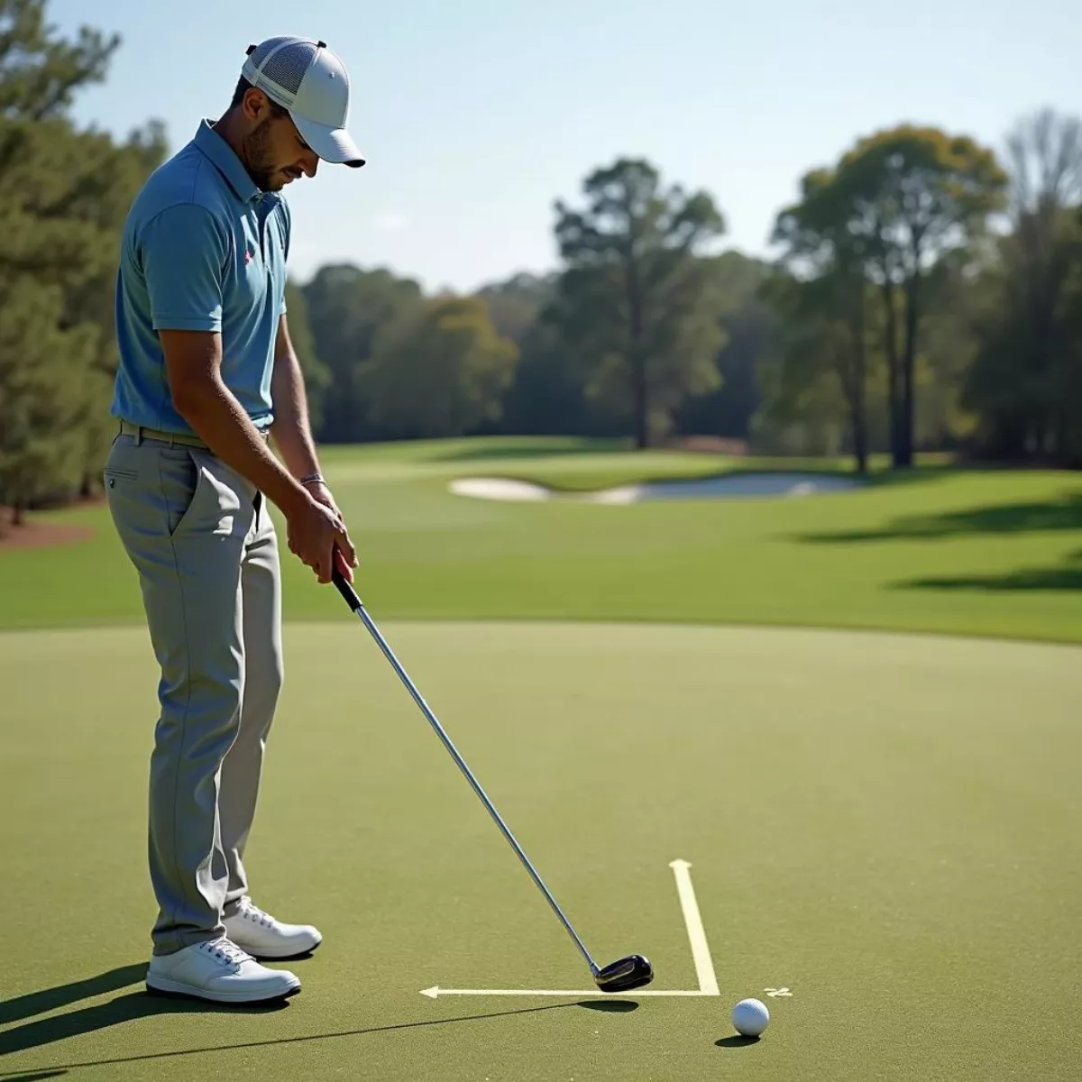 Golfer Using Alignment Stick For Chipping