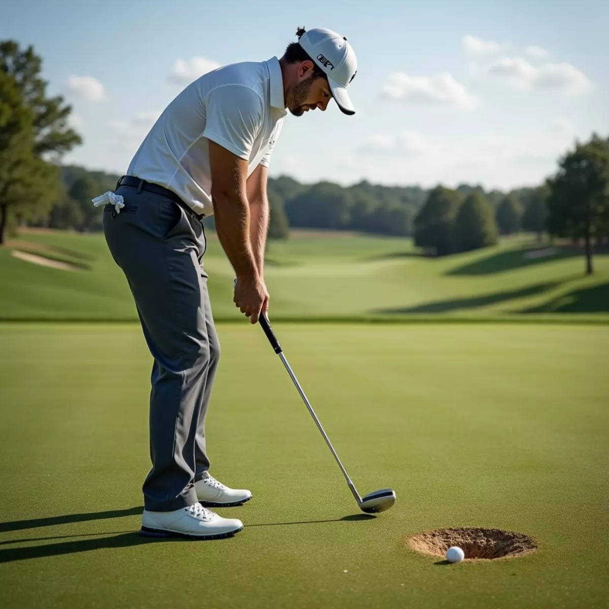 Golfer Using Hybrid Iron In Rough