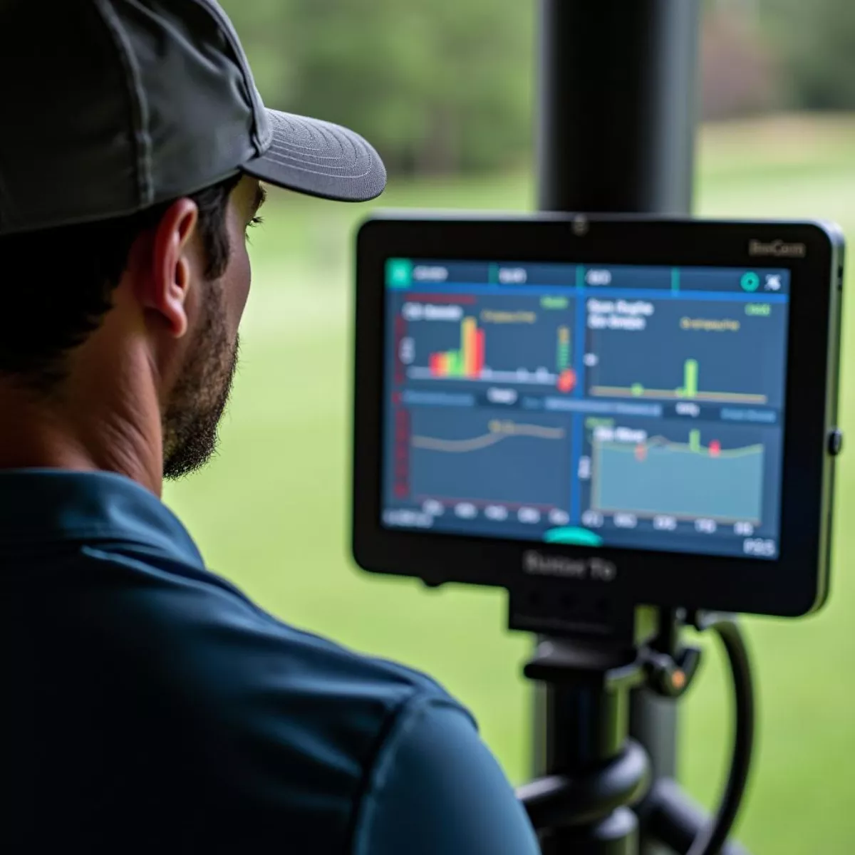 Golfer Analyzing Launch Angle Data On Launch Monitor