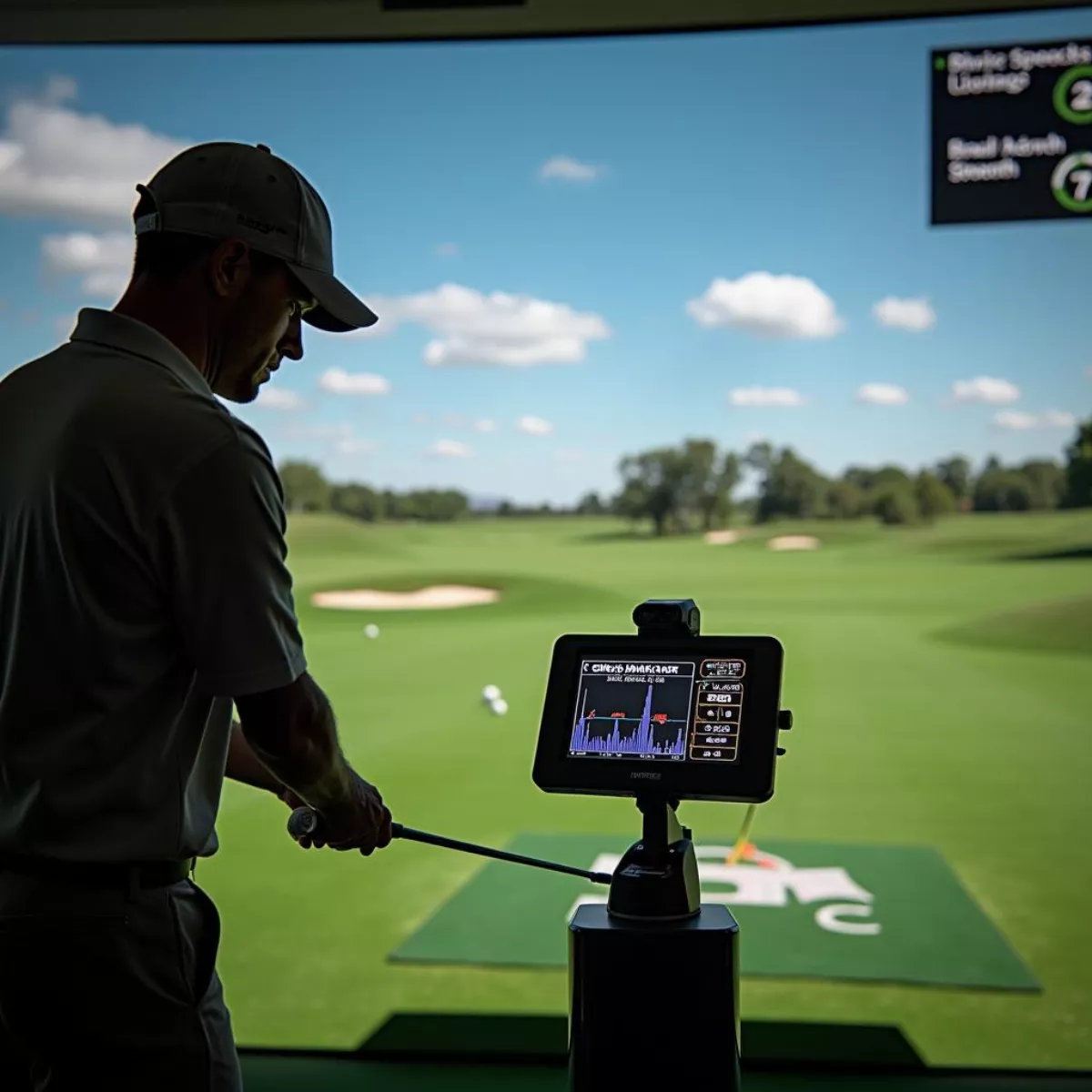 Golfer Analyzing Swing With Launch Monitor