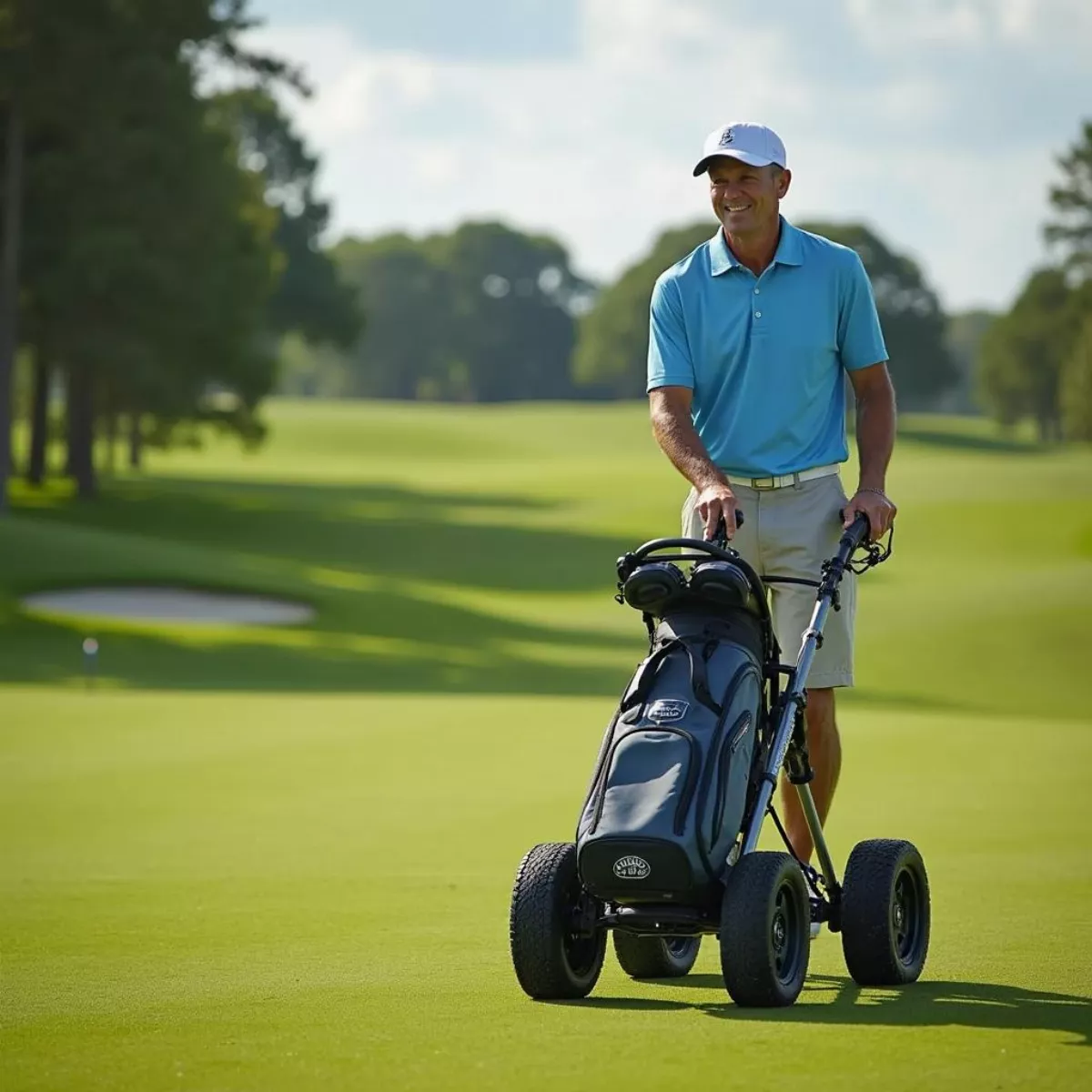 Golfer Using Push Cart On Course