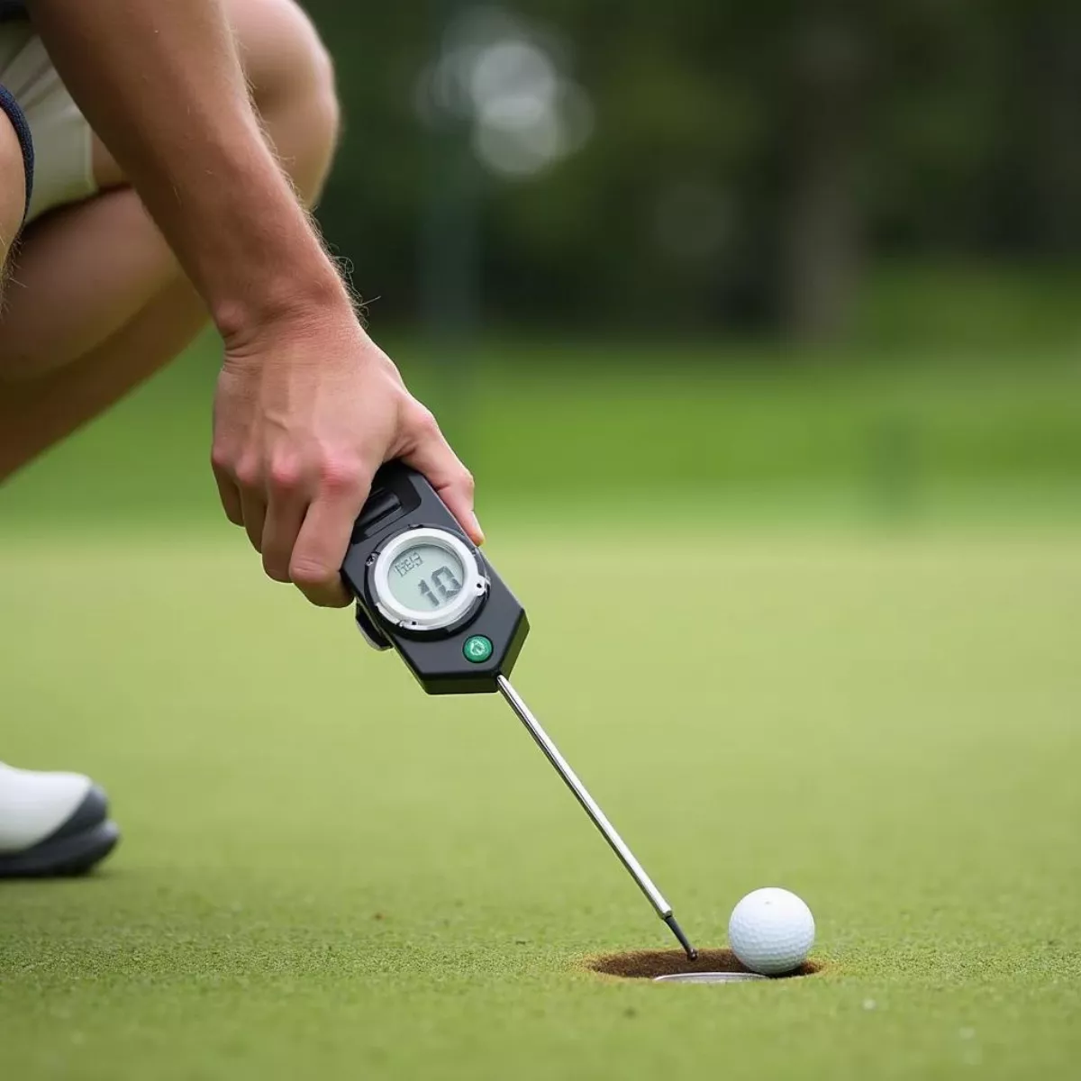 Golfer Using Putting Measurer