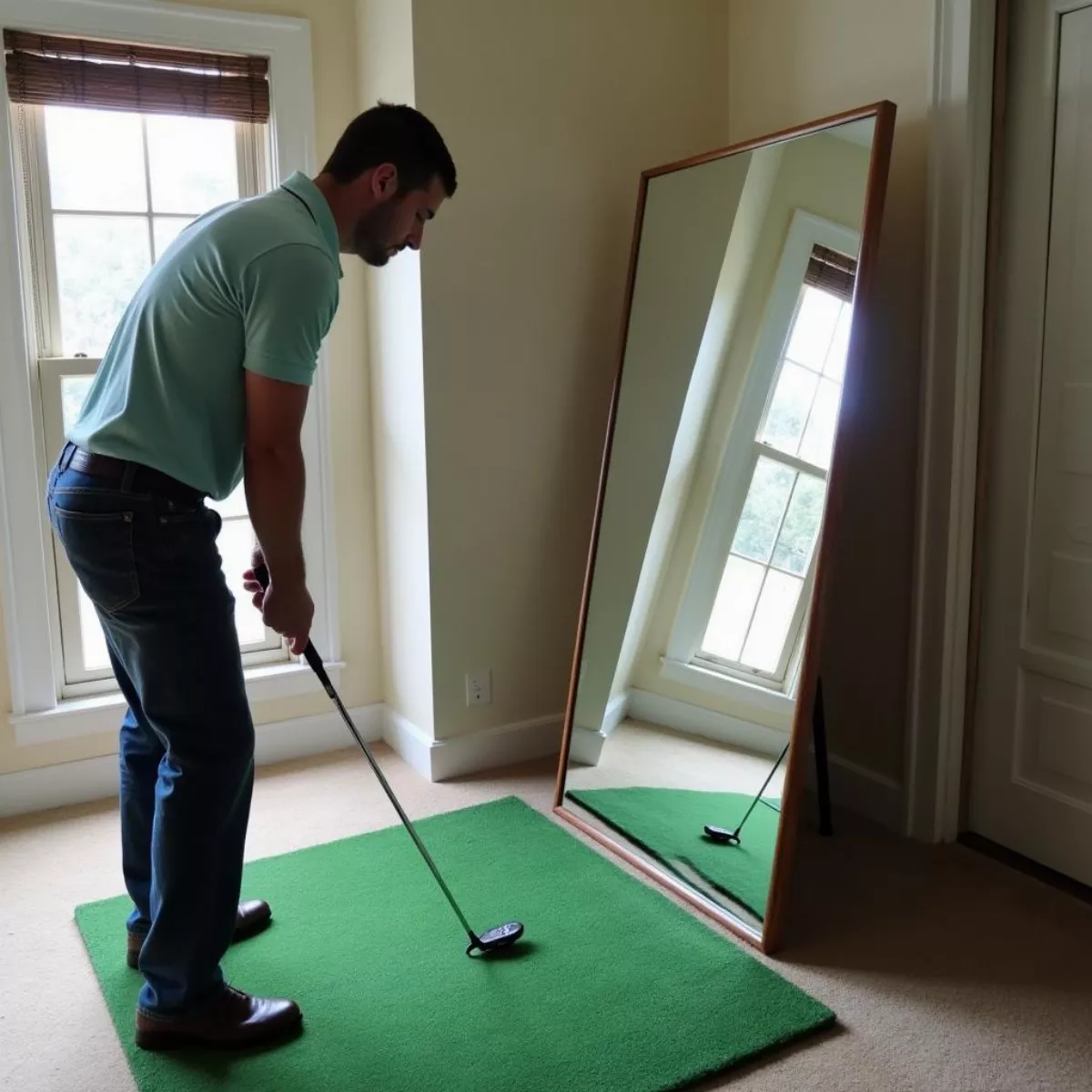 Golfer Using Putting Mirror Indoors