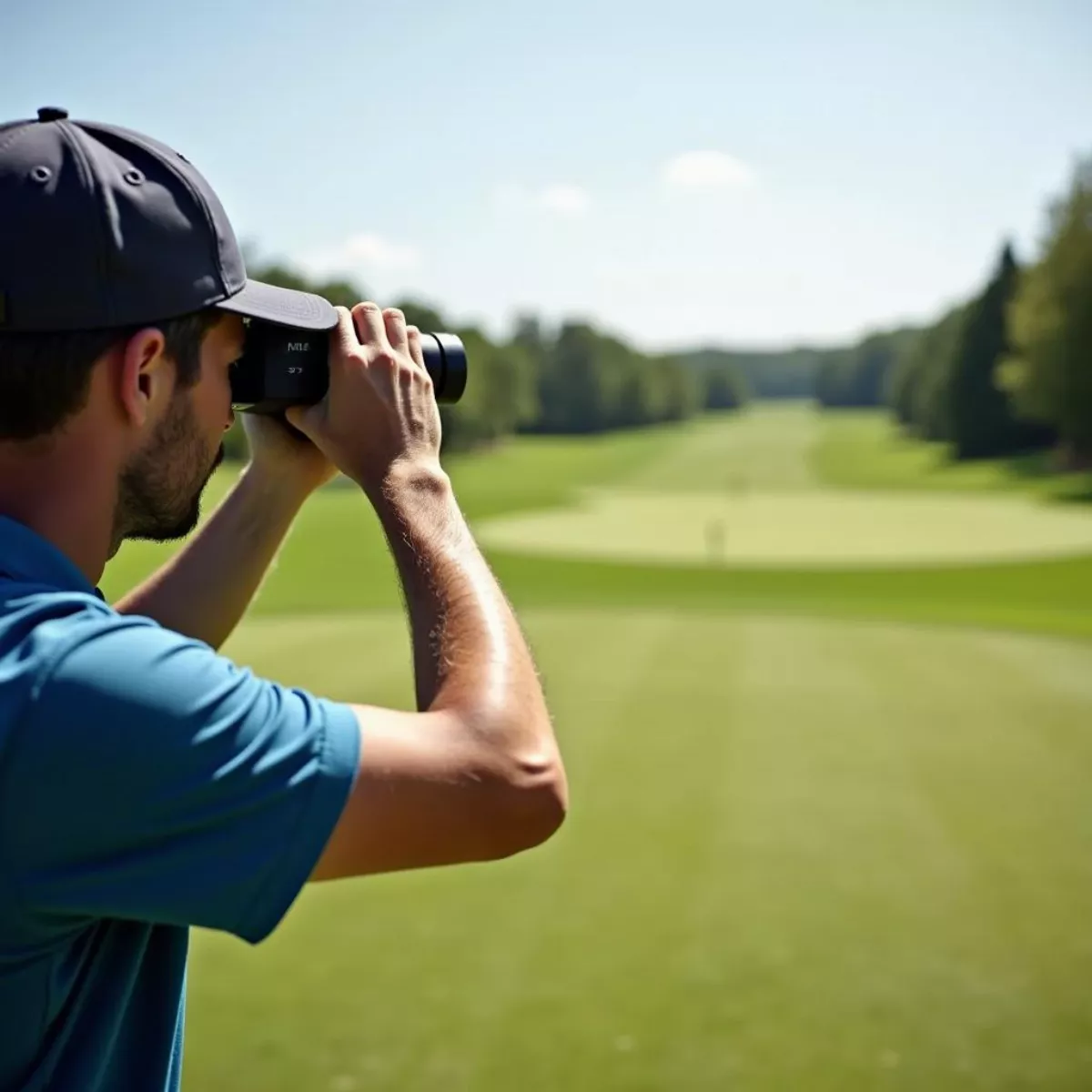 Golfer Using Rangefinder On Course