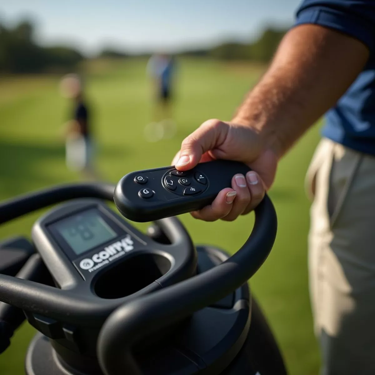 Golfer Using Remote Control For Electric Caddy