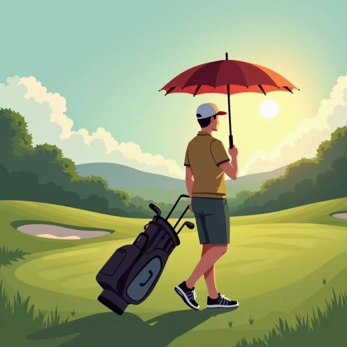 Golfer Using Umbrella On Sunny Course