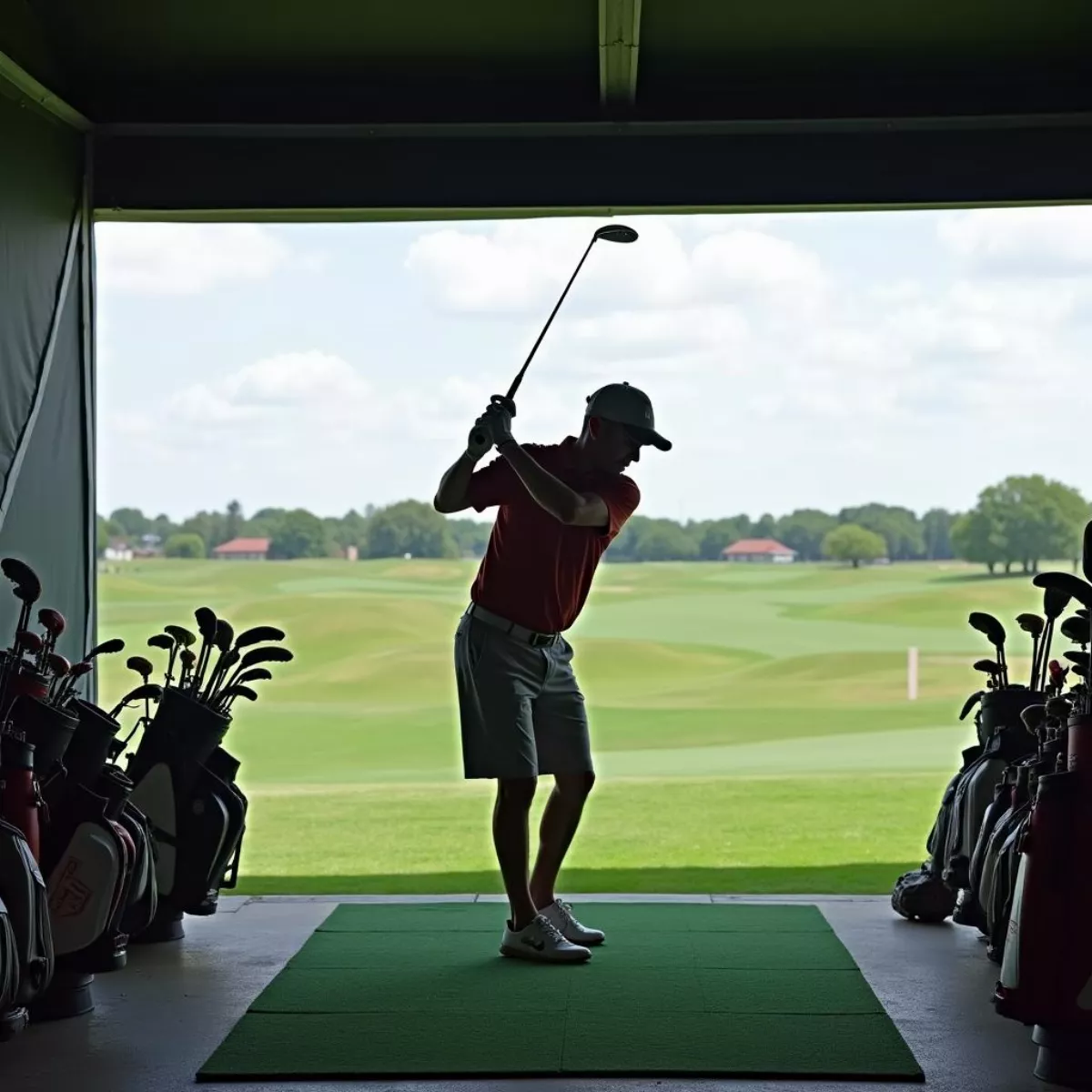 Golfer Warming Up At Driving Range