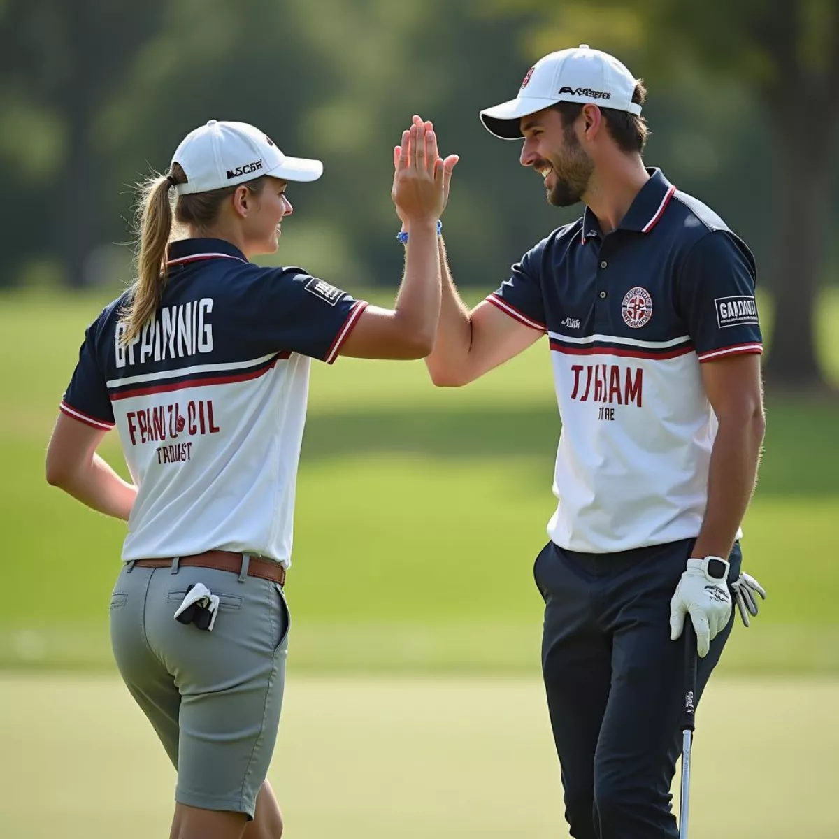 Golfers In Custom T-Shirts High-Fiving