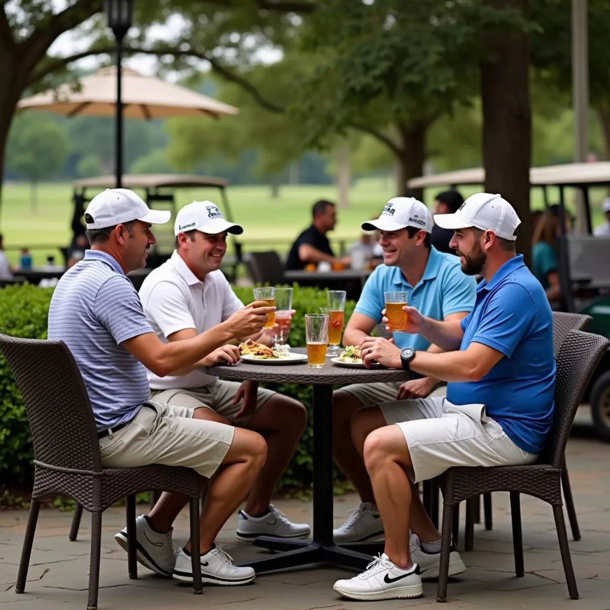 Golfers Enjoying Drinks And Food At A Restaurant