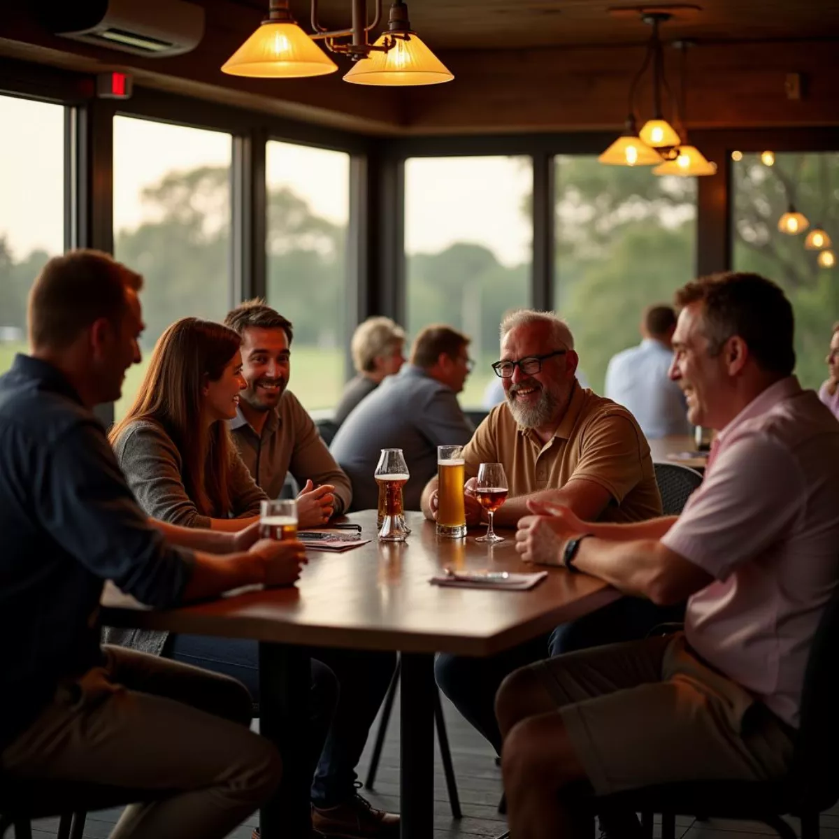 Group Of Golfers Socializing And Having Drinks At The Clubhouse