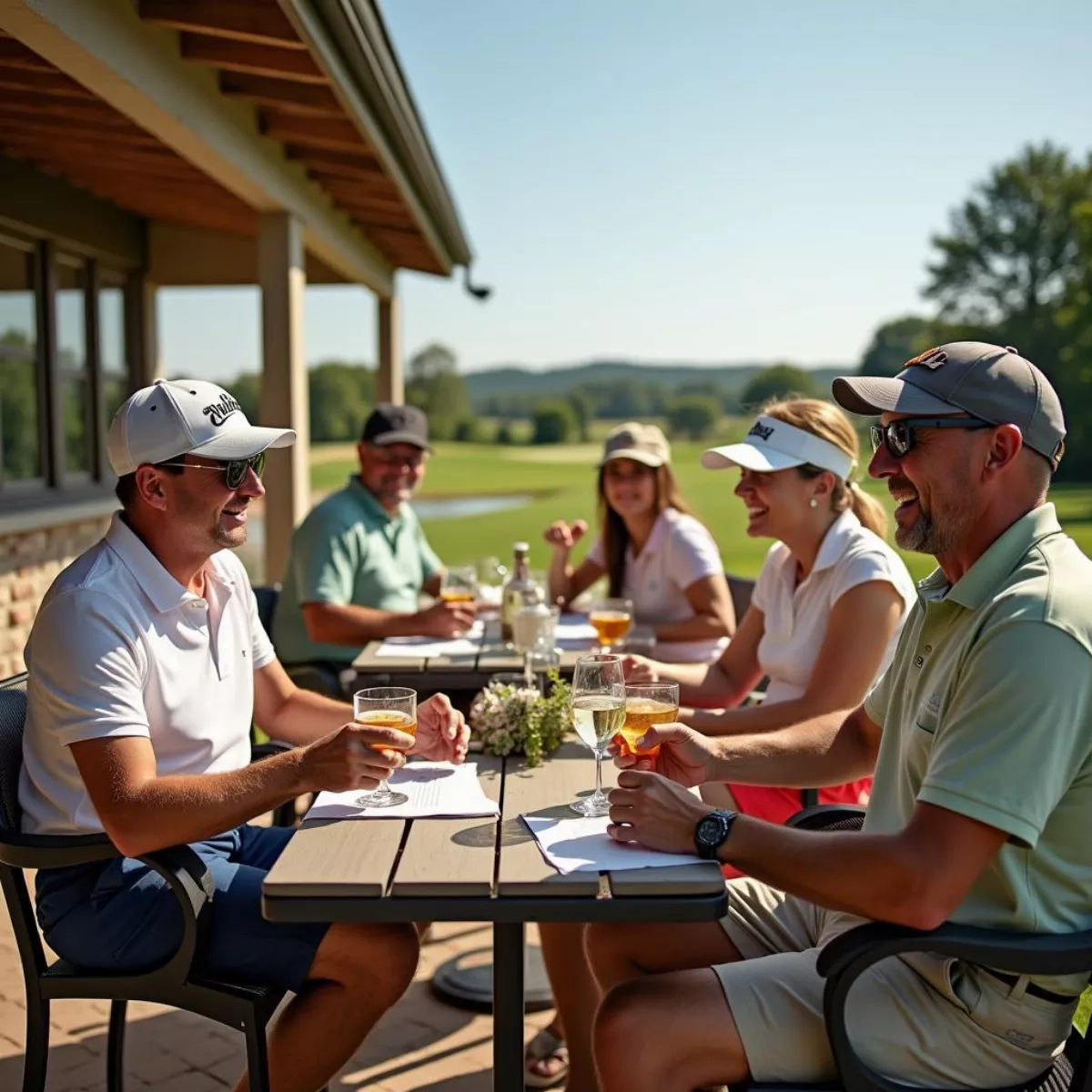 Golfers Socializing At Clubhouse Patio