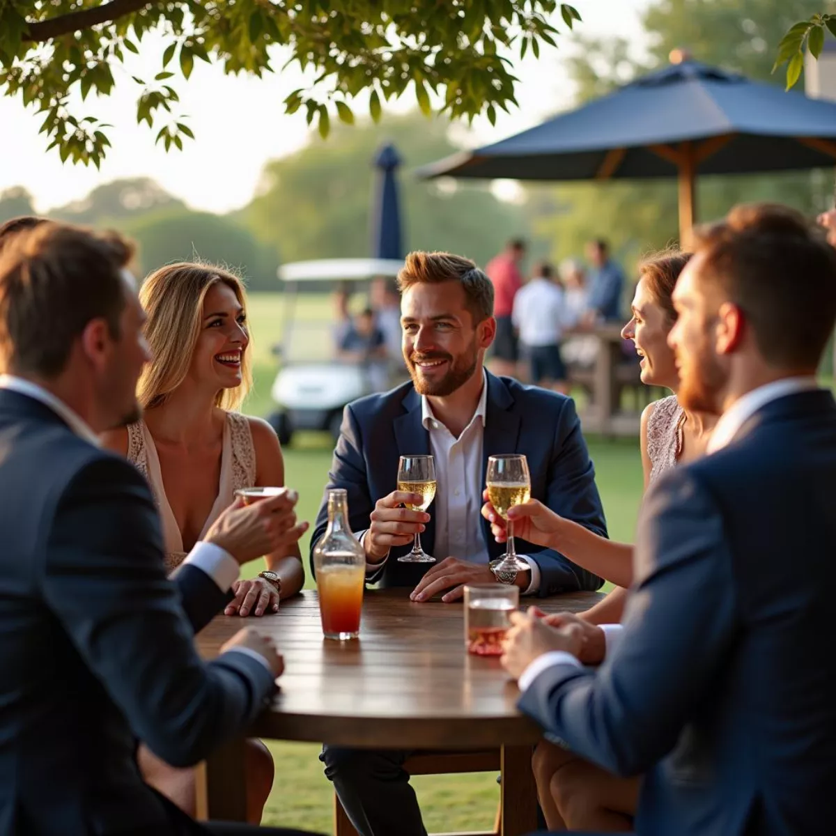 Golfers Enjoying Drinks On Clubhouse Patio