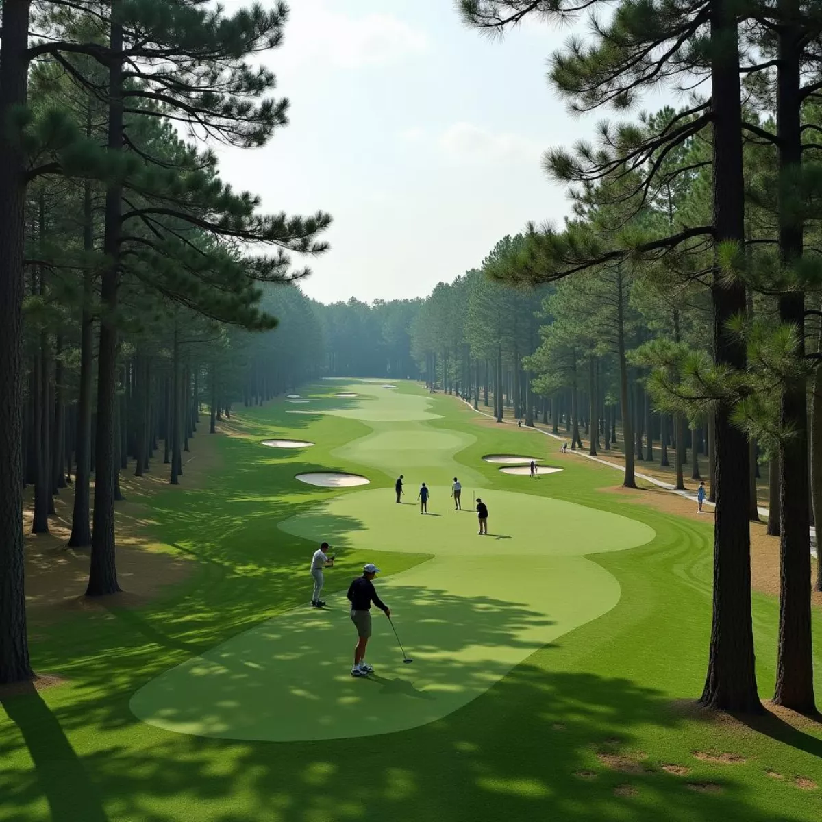 Golfers On An East Coast Golf Course With Pine Trees