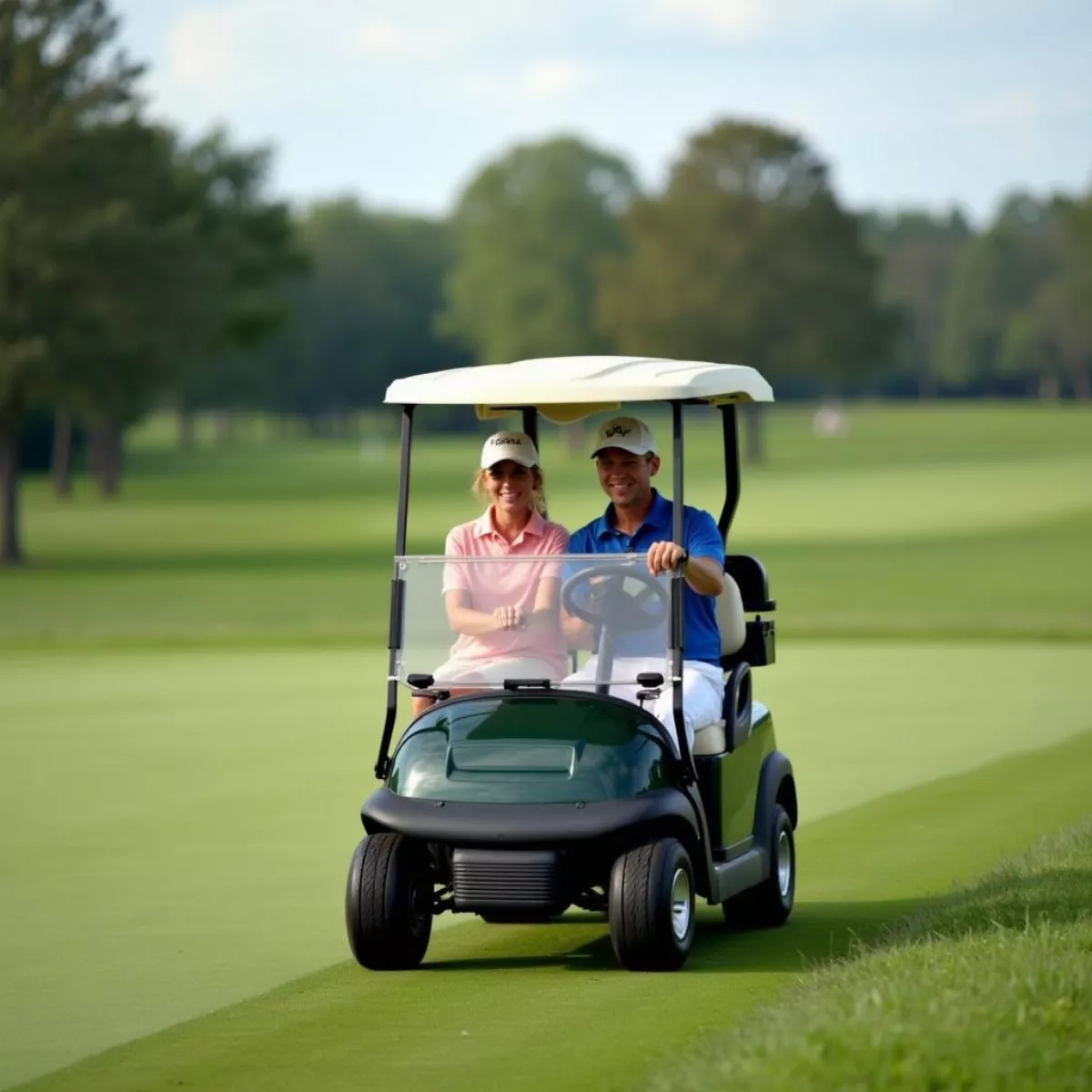 Golfers Driving A Golf Cart At Lake Winds Golf Course