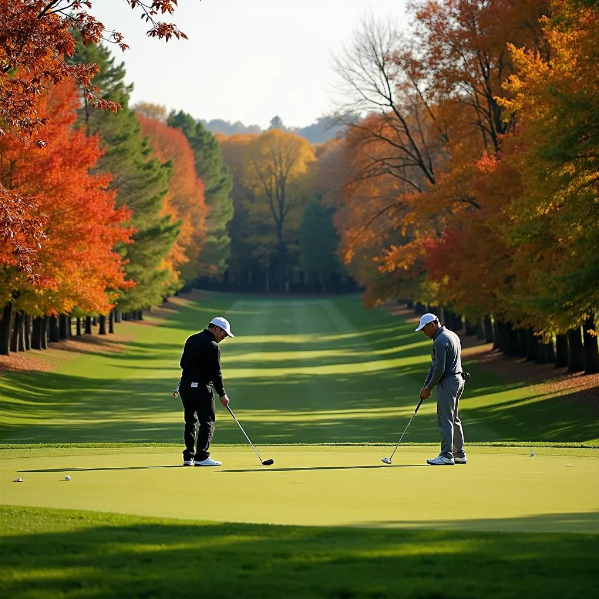 Golfers On Green With Fall Foliage