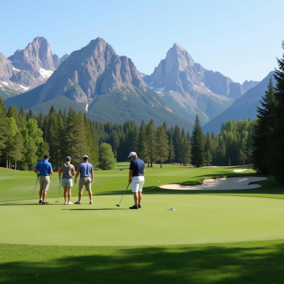 Golfers On Green With Mountain View