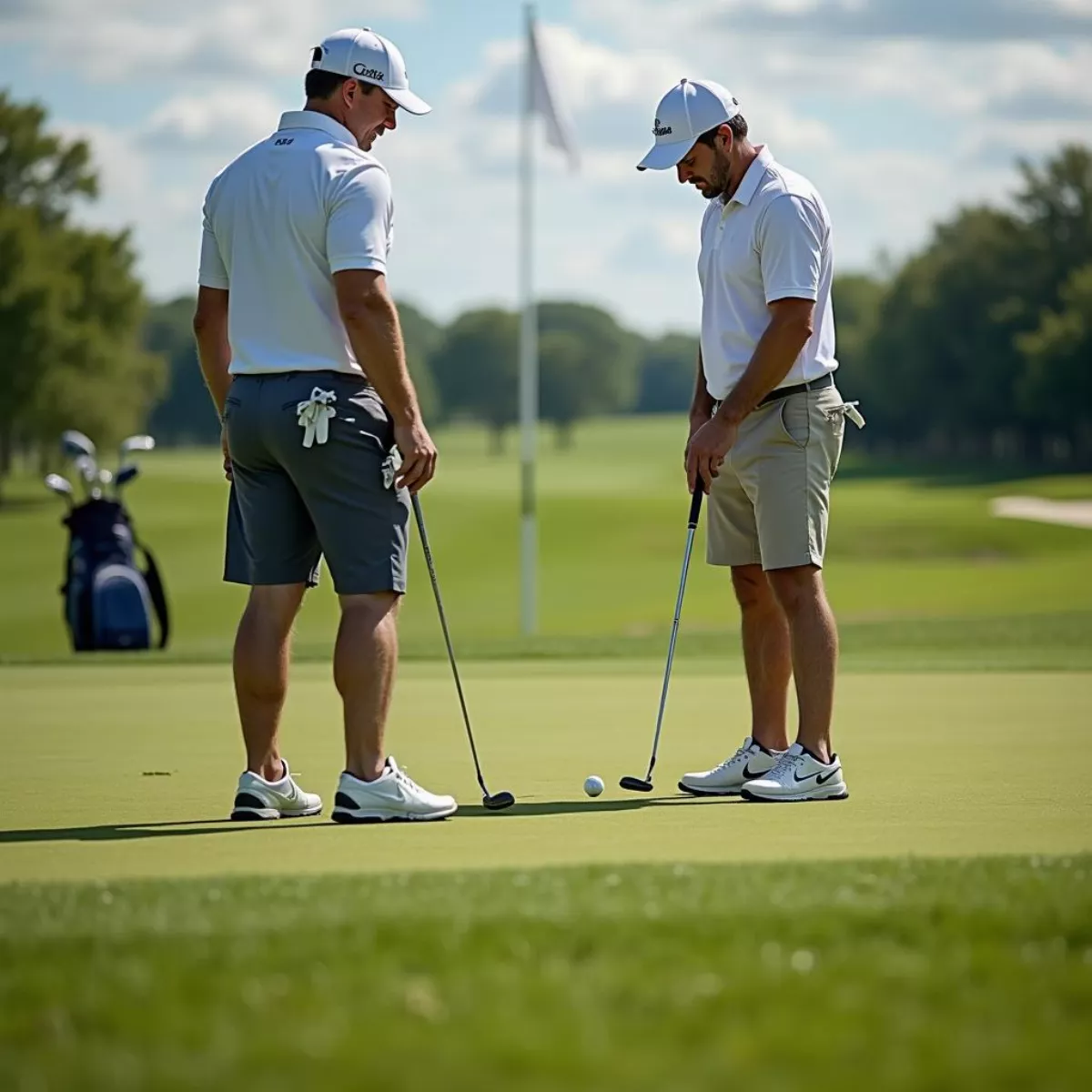 Two Golfers On The Green Putting With Golf Bags And Flagstick Visible