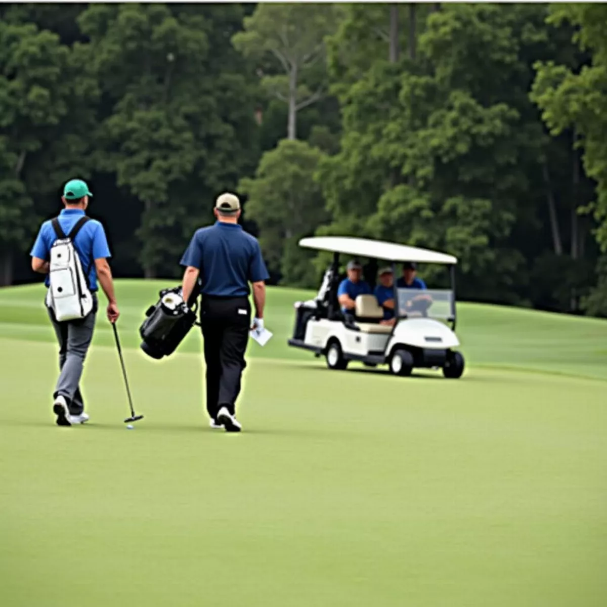 Two golfers walking on a lush green fairway