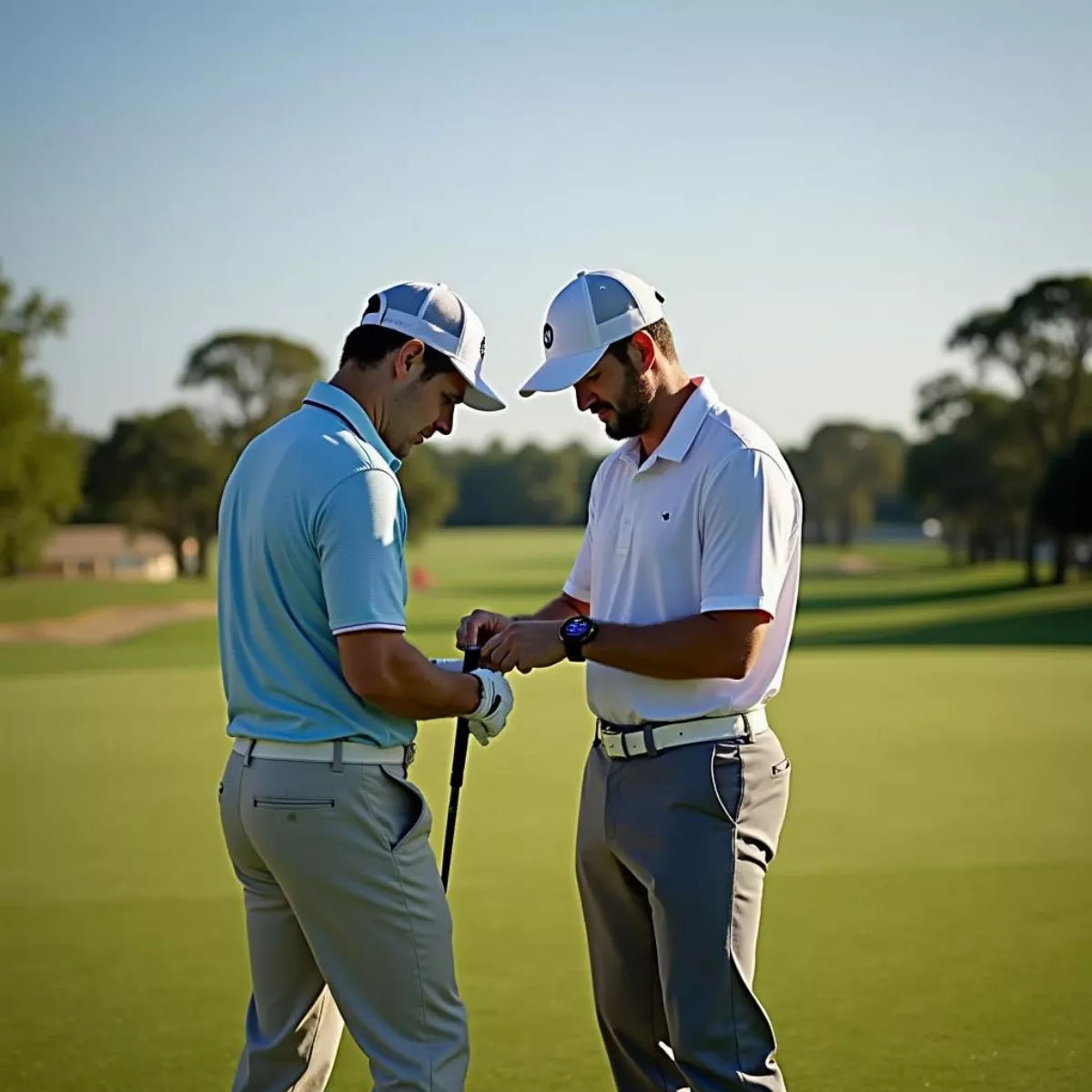 Golfers Using Gps Watch On Green