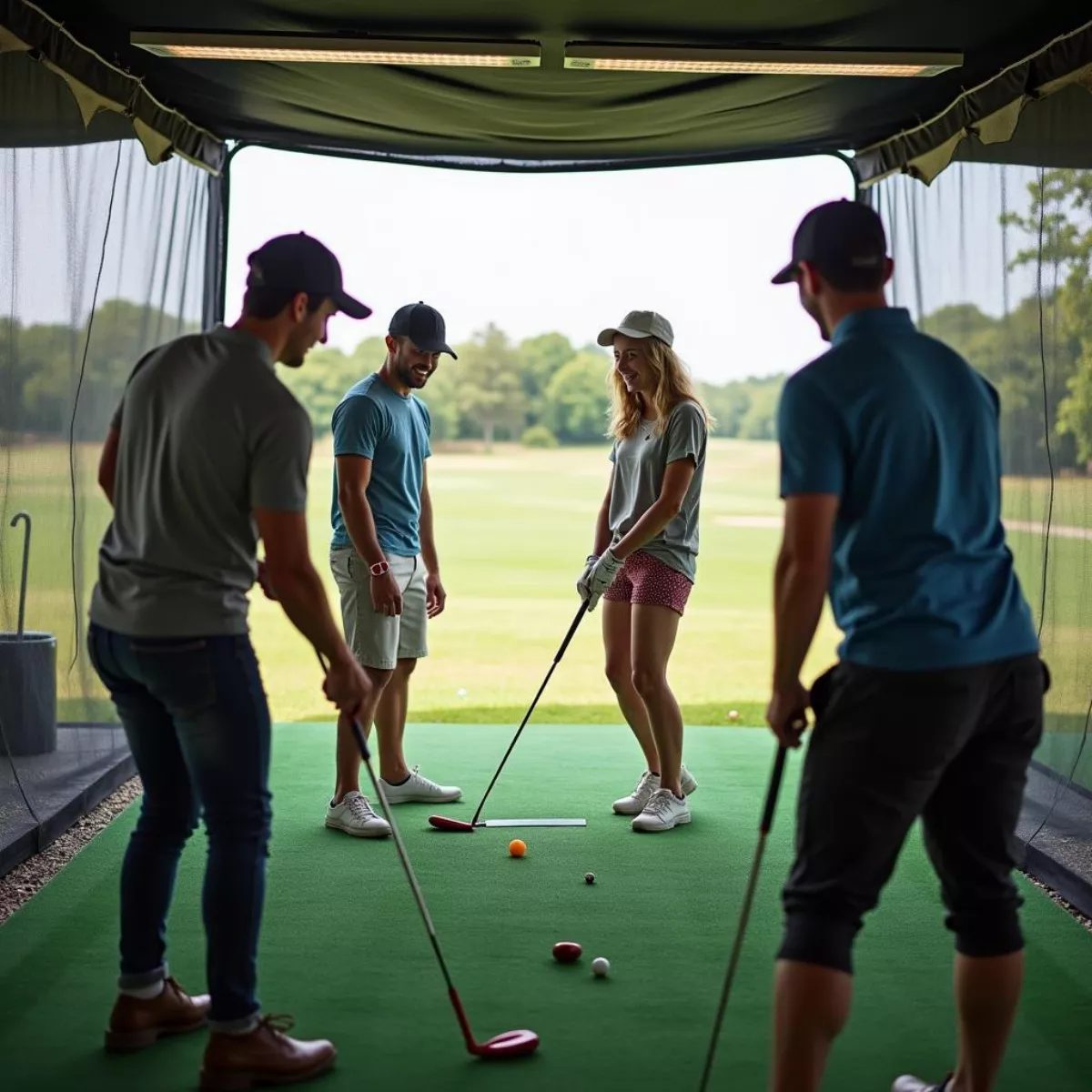 Friends Enjoying Golf Game At Driving Range