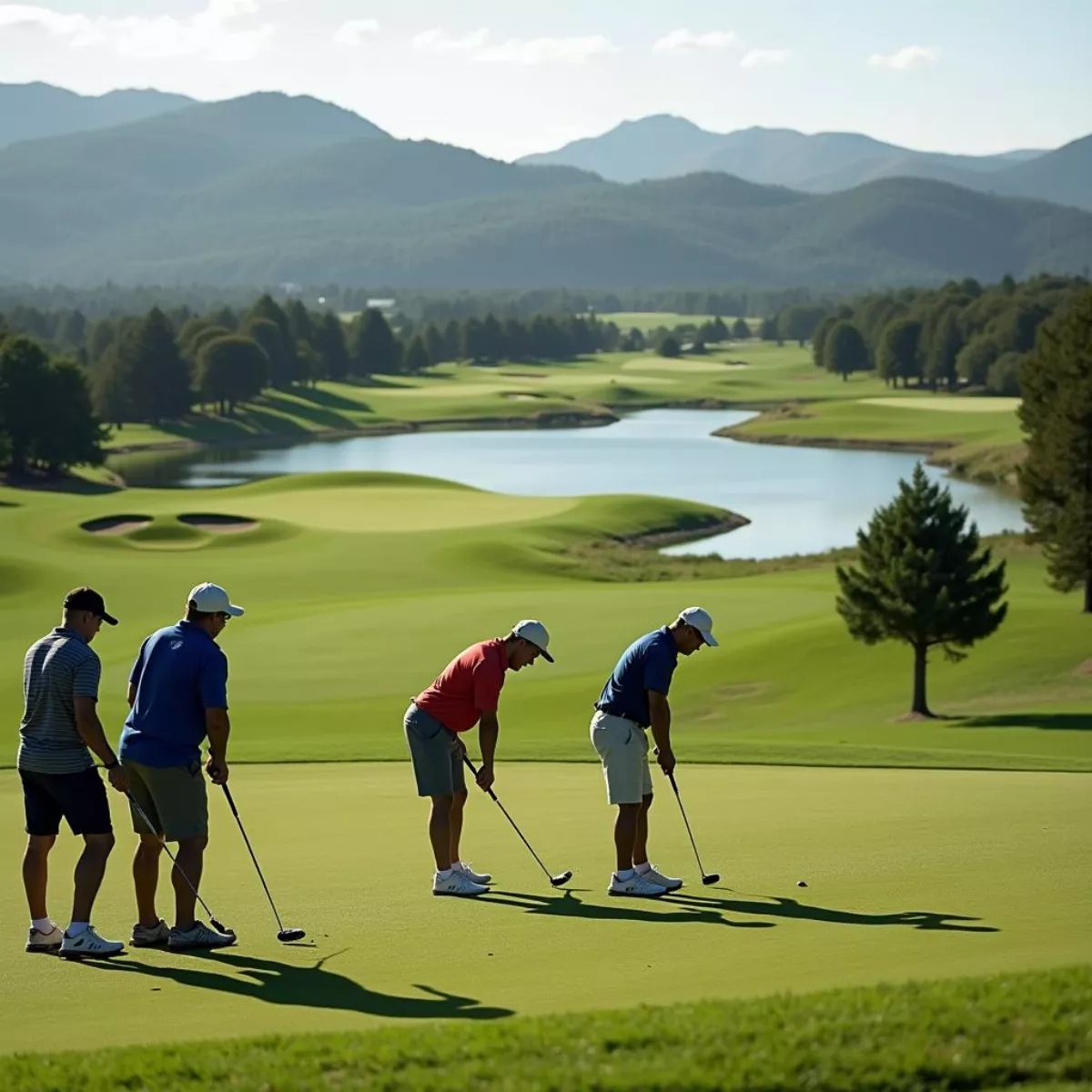 Golfers Teeing Off At A Picturesque Public Golf Course