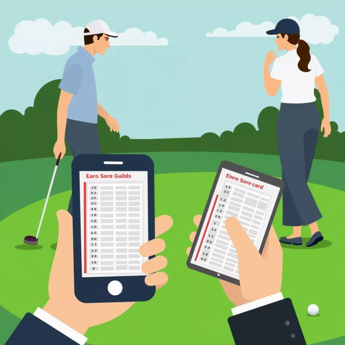 Golfers Keeping Track Of Scores Using Both Traditional Scorecard And Mobile App