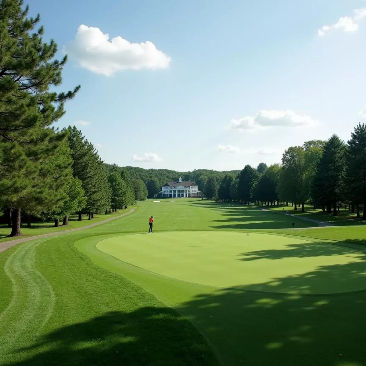 Scenic View Of Grand View Golf Course With Lush Green Fairways, Trees And A Golfer Taking A Shot