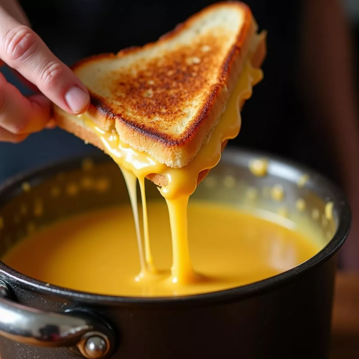 Dipping Grilled Cheese Into Cheese Fondue