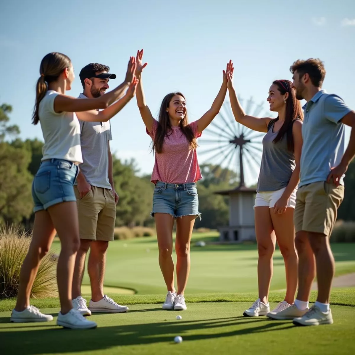 Group Of Friends Celebrating Mini Golf Win