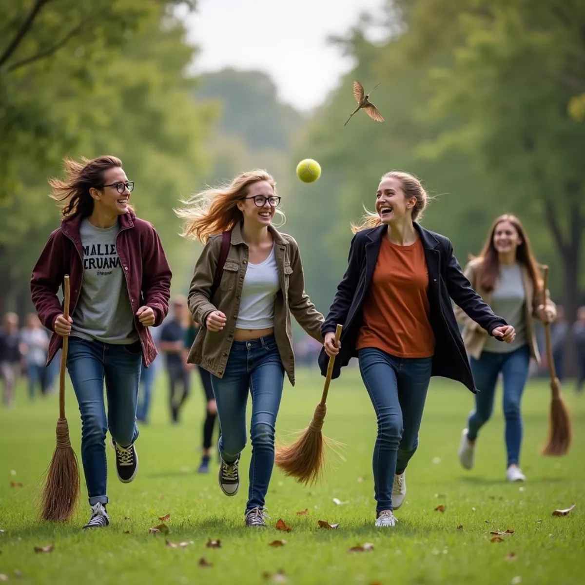 Group Of Friends Playing Quidditch In A Park