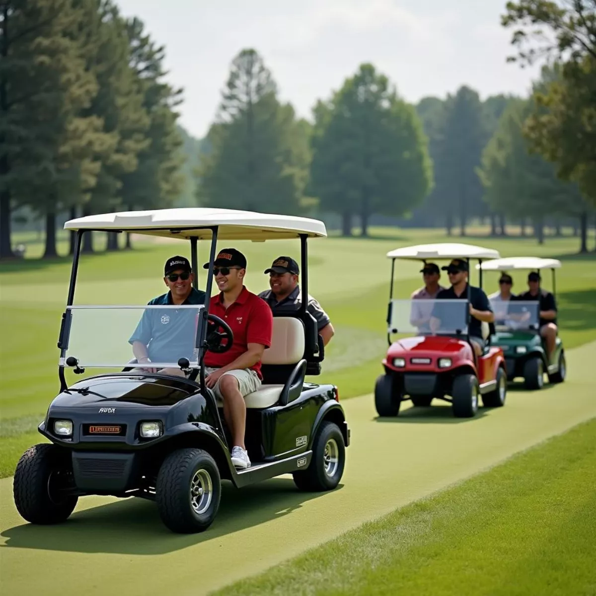 Golfers Using Harley Davidson Golf Carts