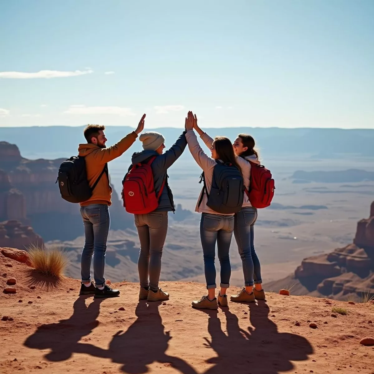 Group Of Friends Celebrating On Desert Mountain Summit