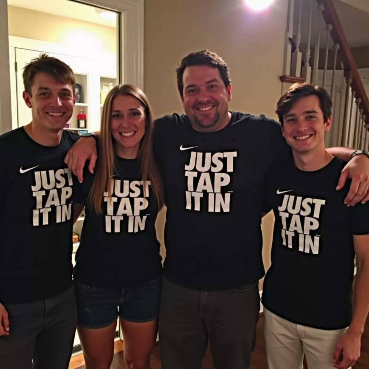 Group of Friends Wearing Just Tap It In Shirts Casually