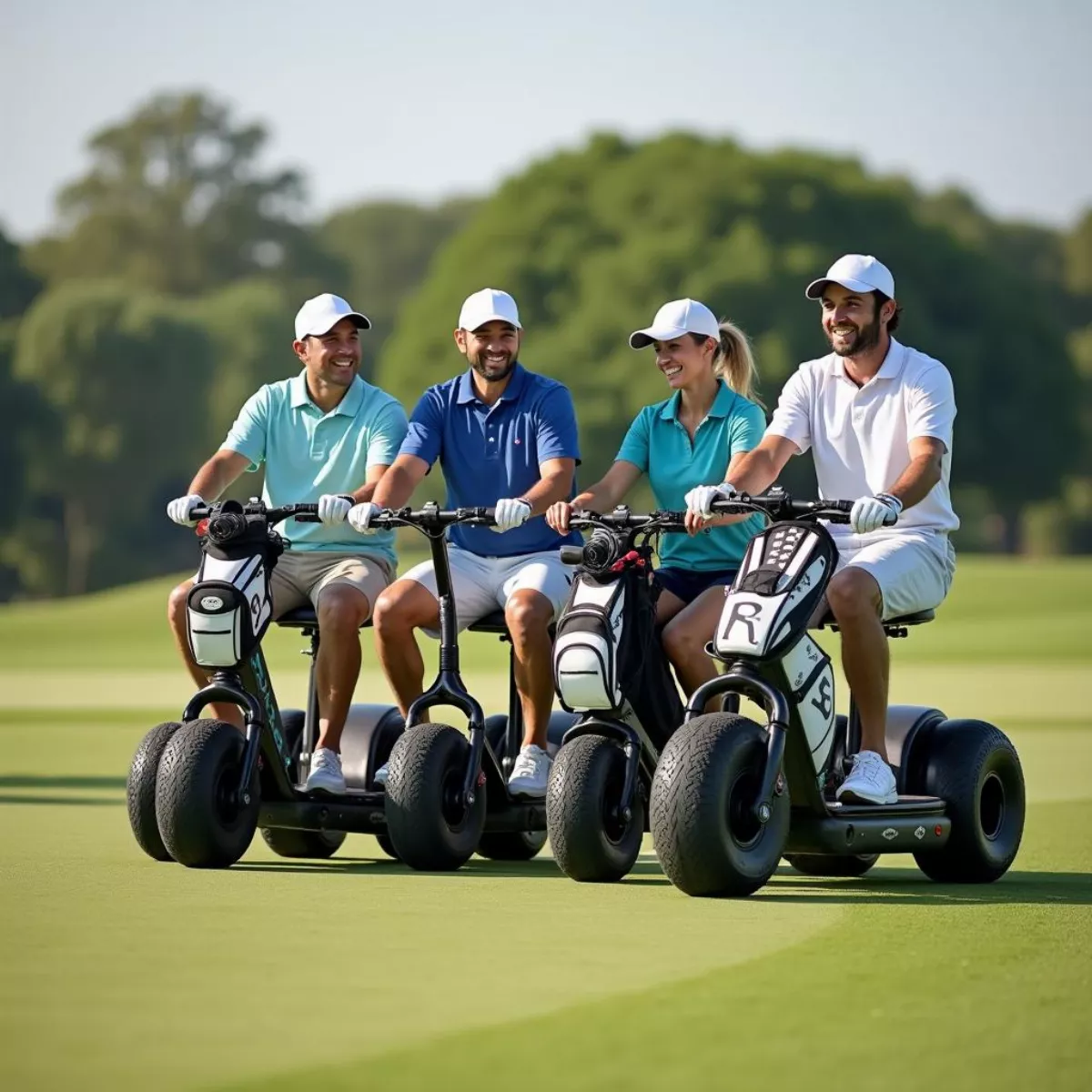 Group Of Golfers Riding Electric Scooters