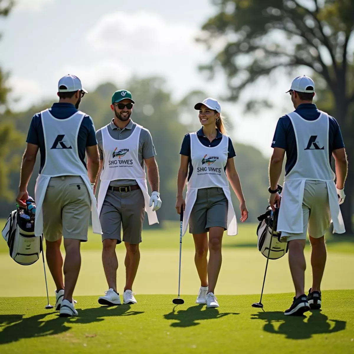 Golfers With Caddies Enjoying A Round Of Golf