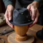 A felt hat being blocked on a wooden form