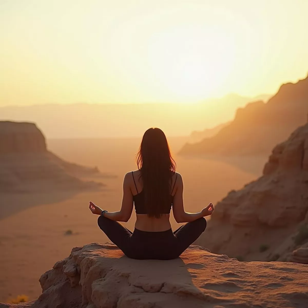 Hiker Meditating On Desert Mountain