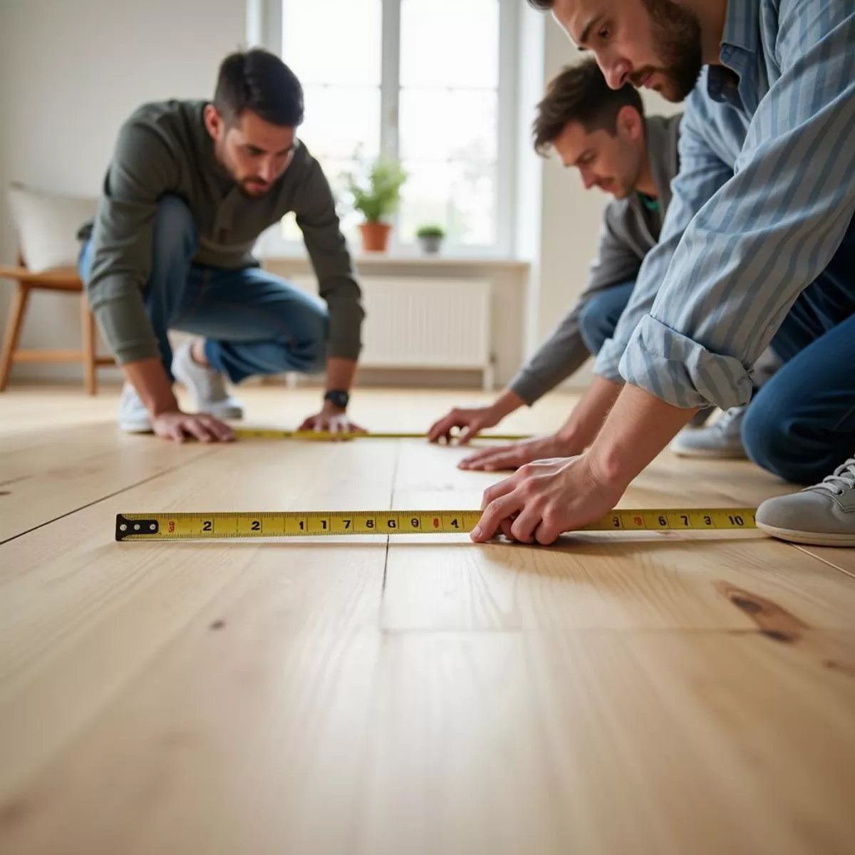 People Measuring A Room For Flooring Using A Measuring Tape