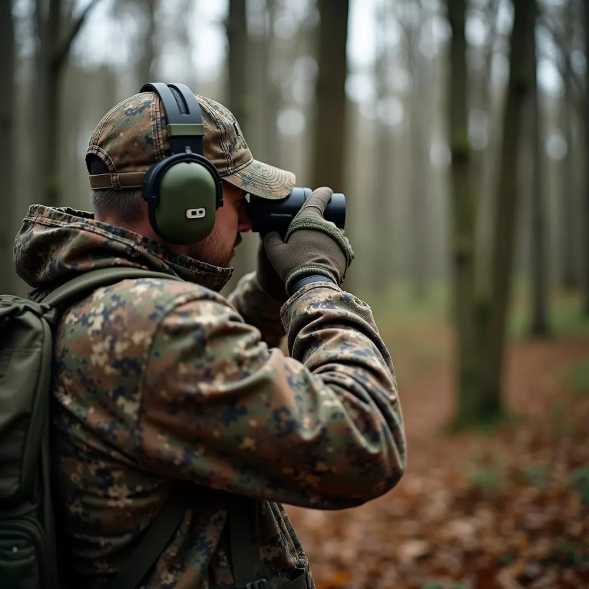 Hunter Using Bushnell Rangefinder In Forest