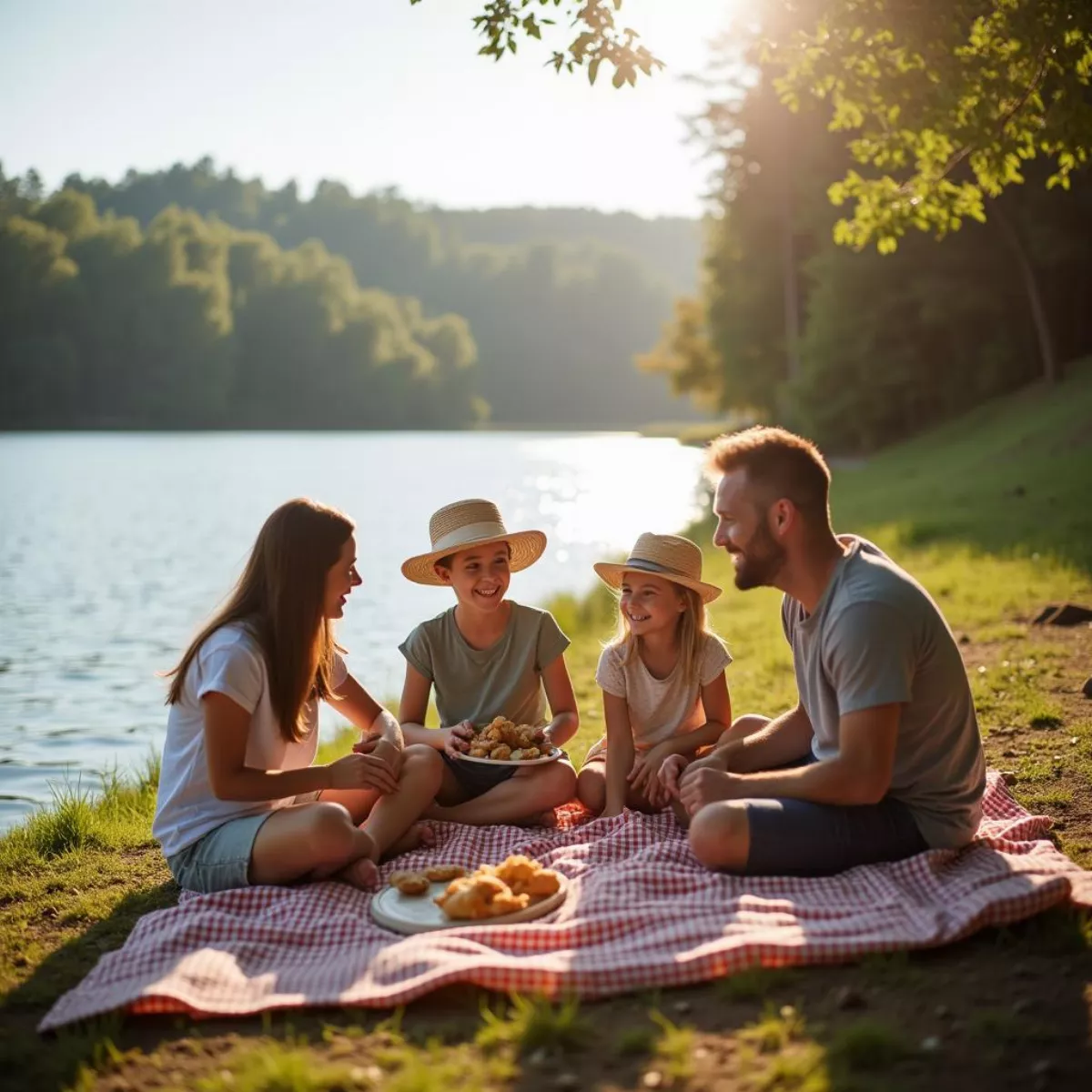 Family Enjoying A Picnic At Lake Surf