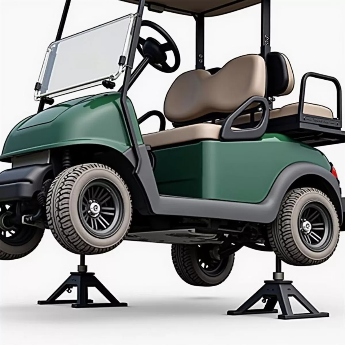 Golf Cart Lifted With Jack And Secured With Jack Stands