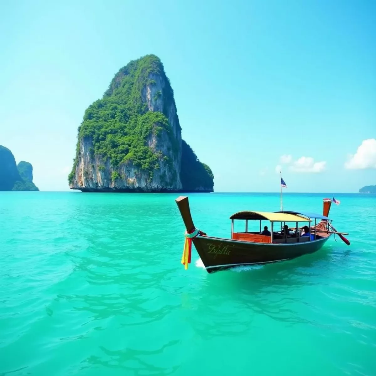 Longtail Boat On Crystal Clear Turquoise Water With A Tropical Island In The Background