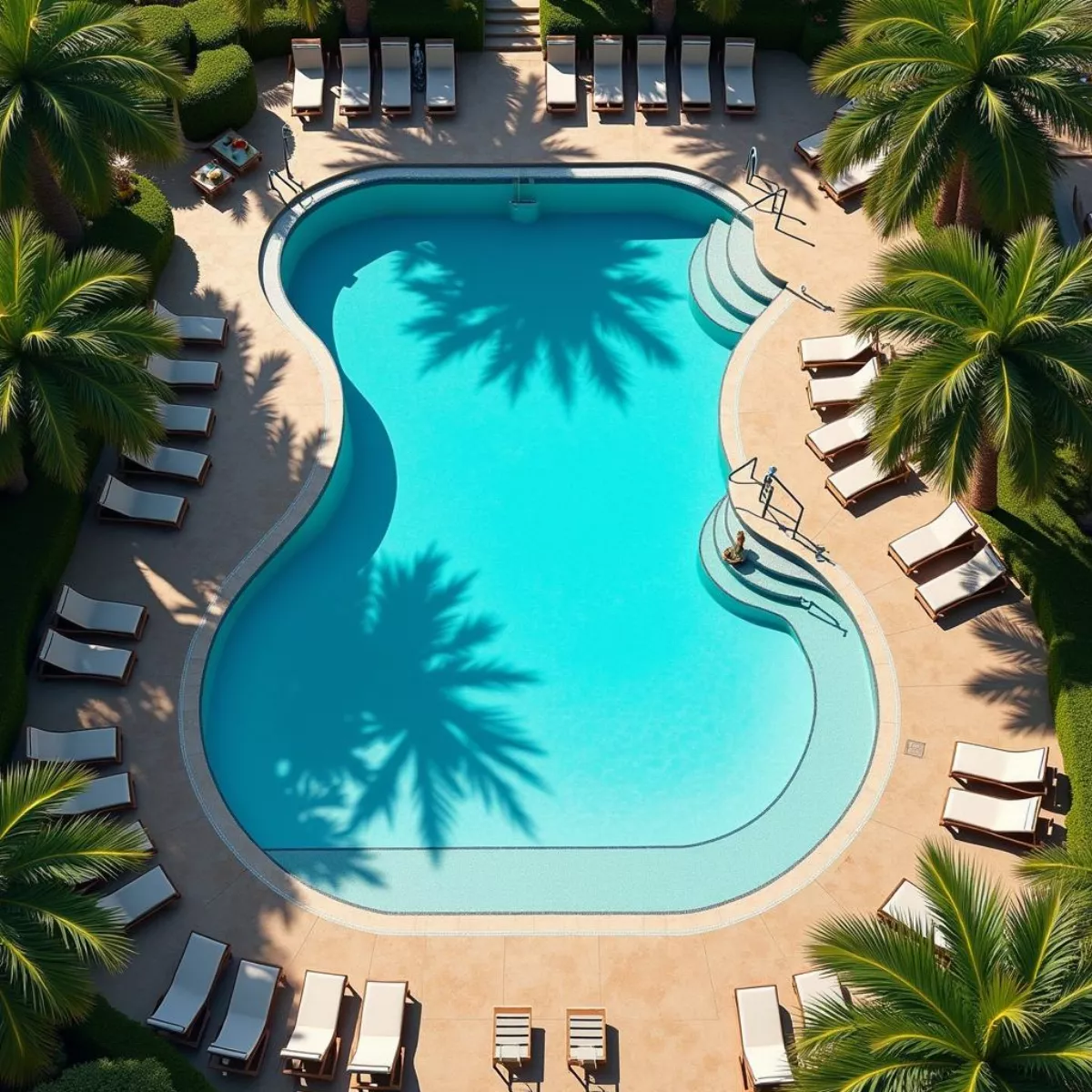 Luxury hotel resort pool with palm trees and lounge chairs