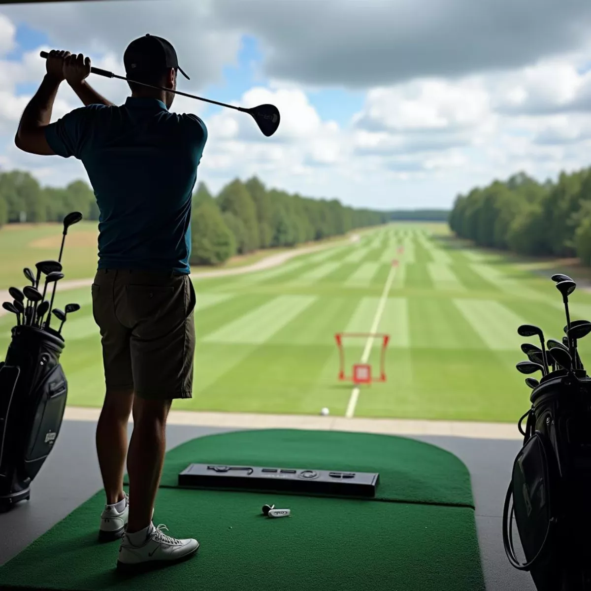 Golfer Testing Clubs At Driving Range