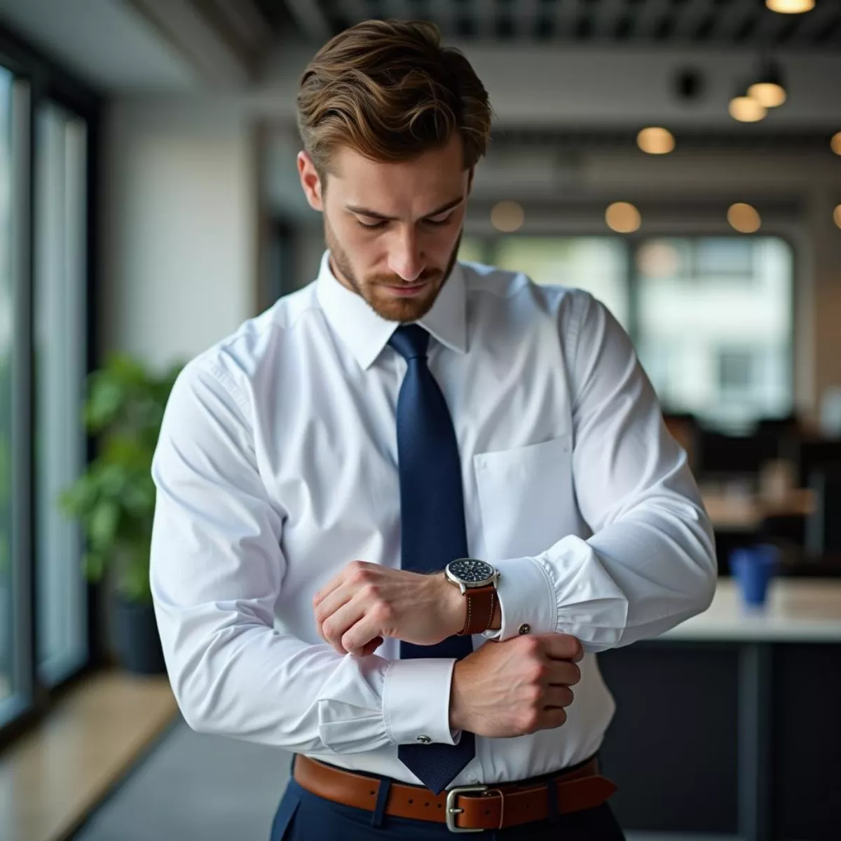 Man Adjusting Watch In Office