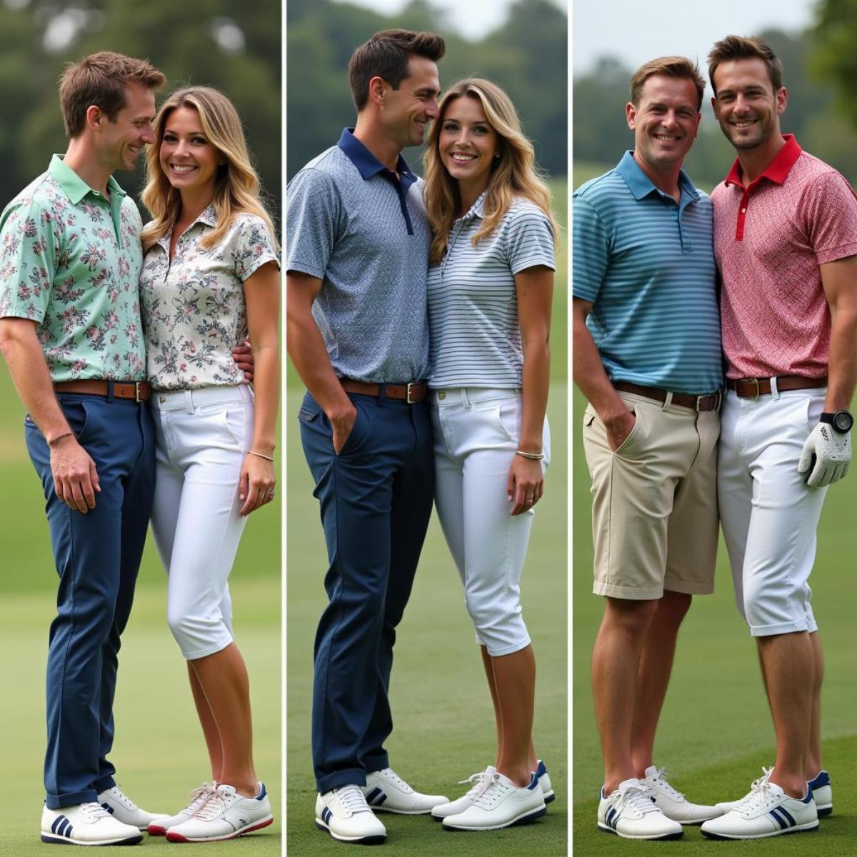 Couples Wearing Matching Golf Shirts With Different Patterns